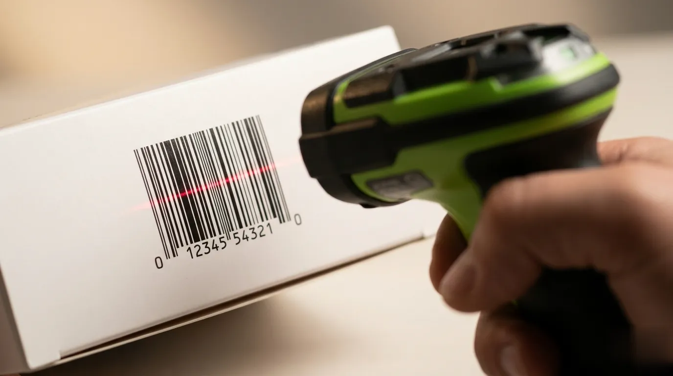 Douchette professionnelle lisant un code-barres EAN-13 sur un emballage produit