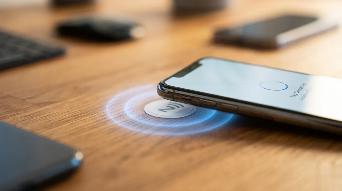 Smartphone posé sur un tag NFC avec halo lumineux symbolisant l'échange de données
