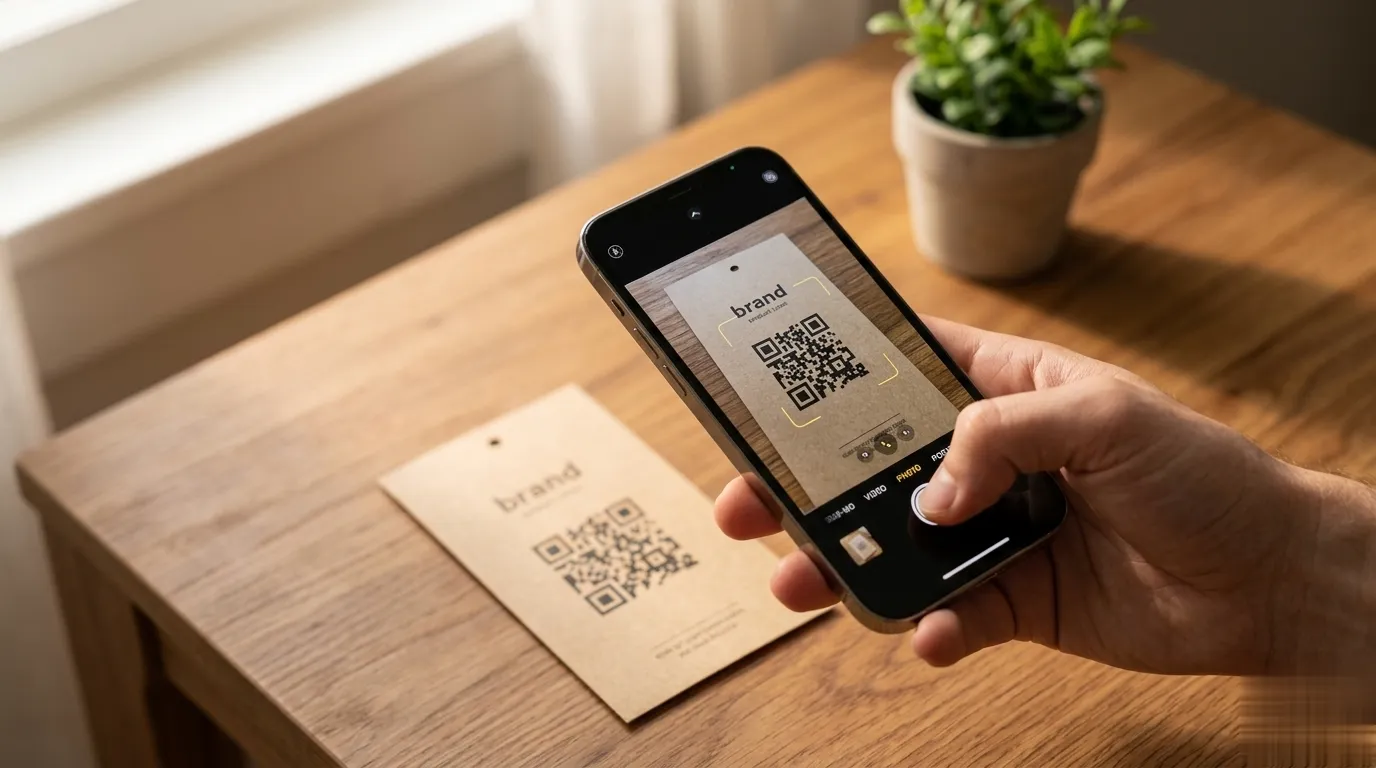 Smartphone scannant un QR code imprimé sur une étiquette produit