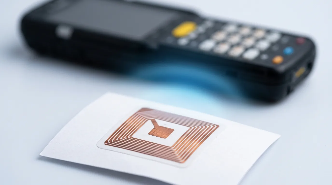 Étiquette RFID avec antenne cuivre lue par un lecteur portable professionnel