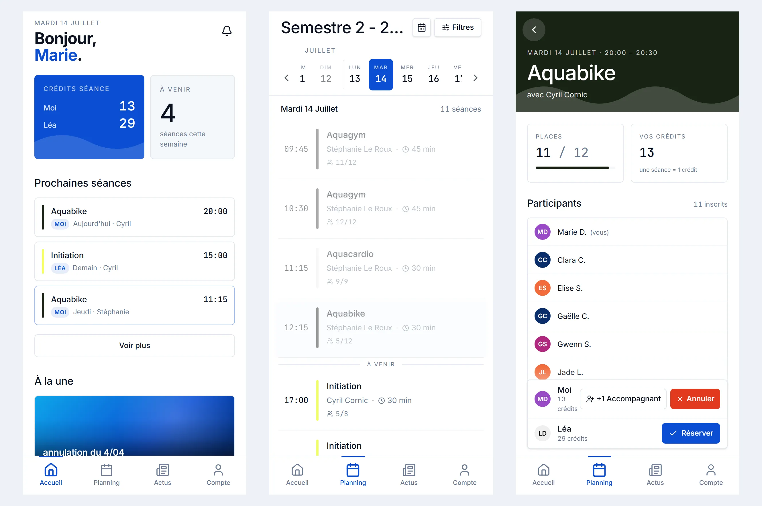 L'application adhérent : accueil avec l'espace famille, planning du jour et réservation avec accompagnants