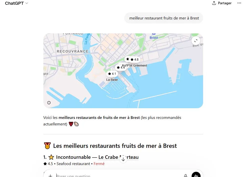 Réponse de ChatGPT à la requête « meilleur restaurant fruits de mer à Brest » : une carte et une liste de recommandations