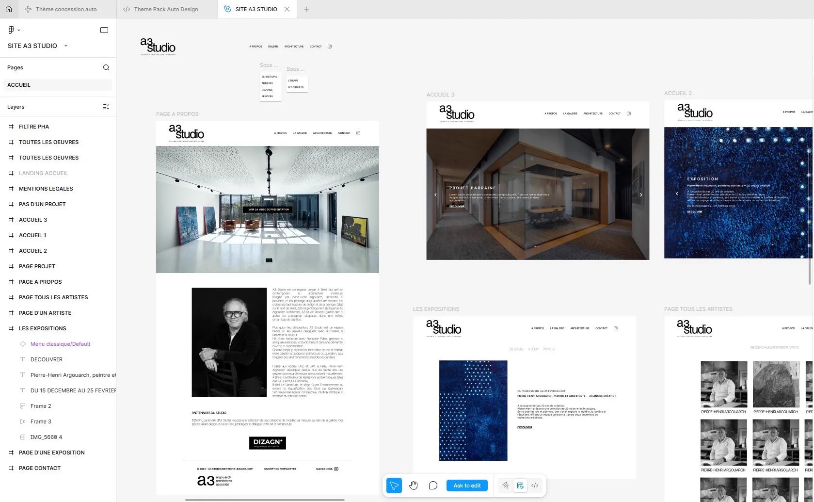 A3 Studio Galerie - Site galerie d'art - A3 Studio Site Figma Vue Globale