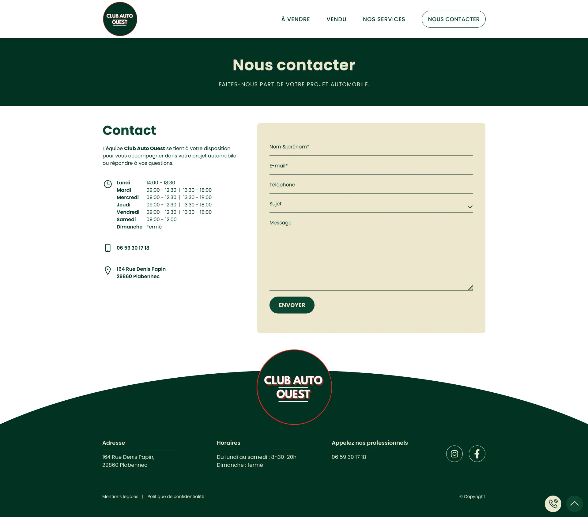 Club Auto Ouest - Site vitrine concessionnaire automobile - Club Auto Ouest Site Contact