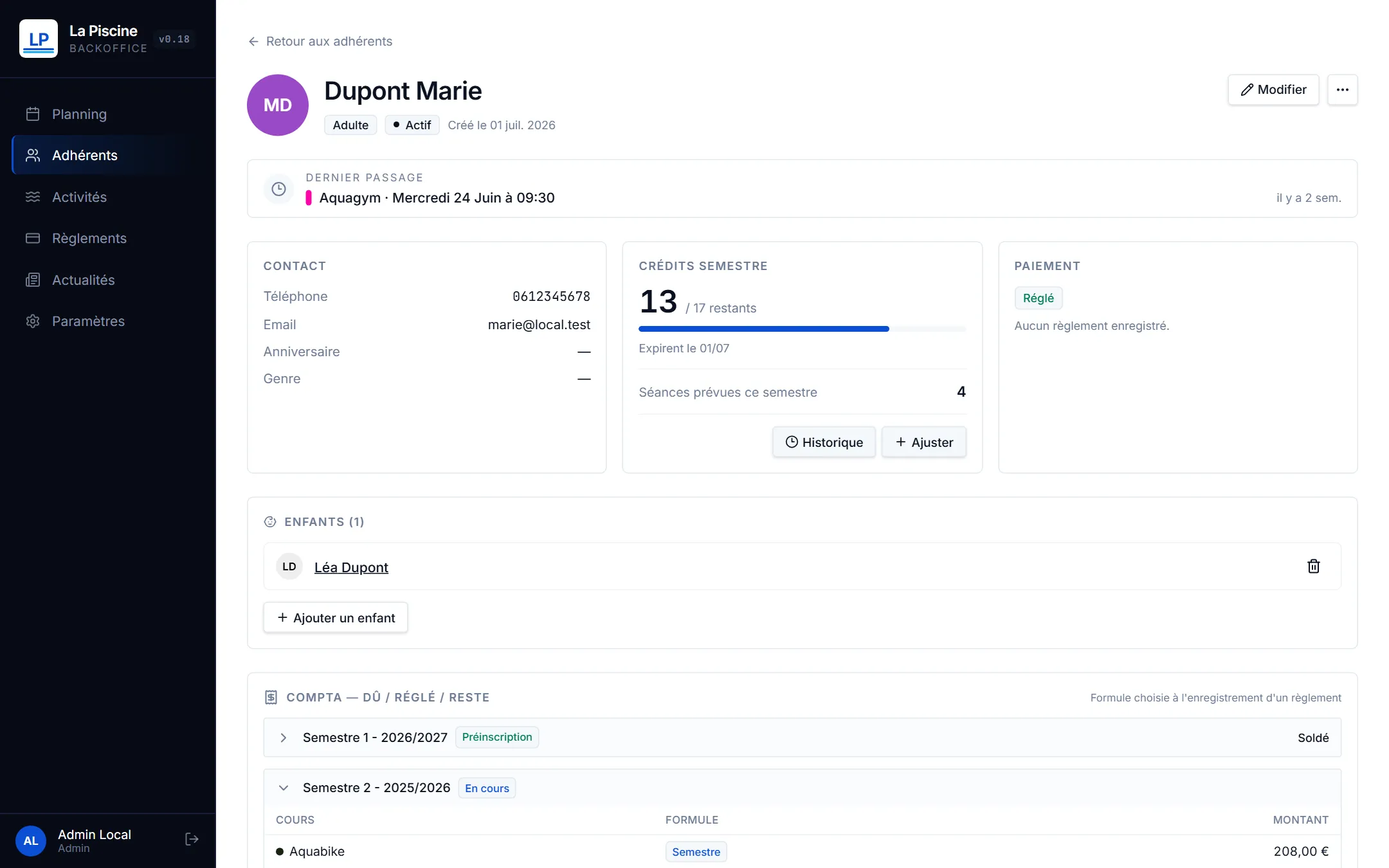 La Piscine de Plouzané - Application de réservation & gestion de club - La Piscine Plouzane Admin Fiche Adherent