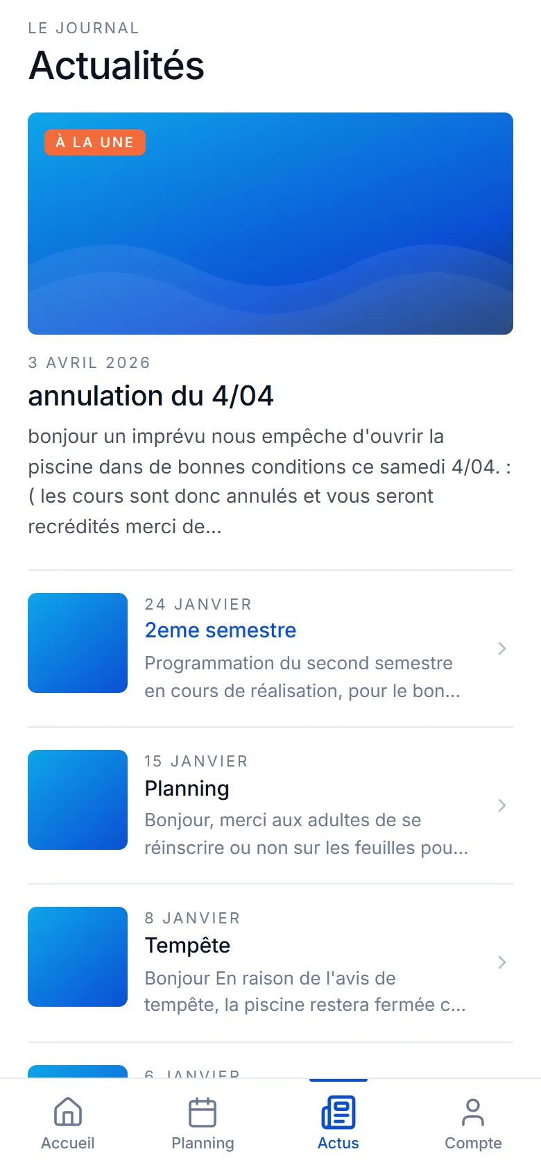 La Piscine de Plouzané - Application de réservation & gestion de club - La Piscine Plouzane App Actualites