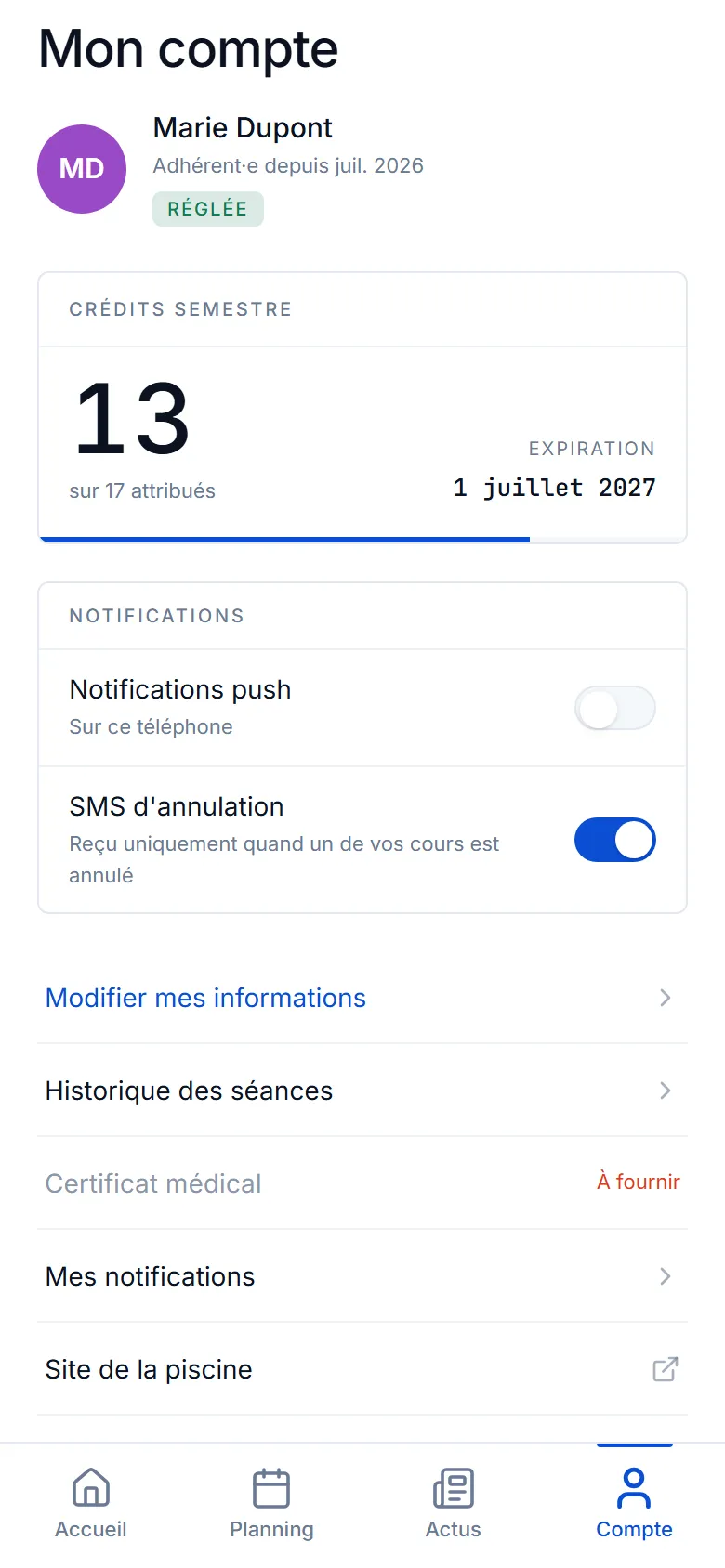La Piscine de Plouzané - Application de réservation & gestion de club - La Piscine Plouzane App Compte