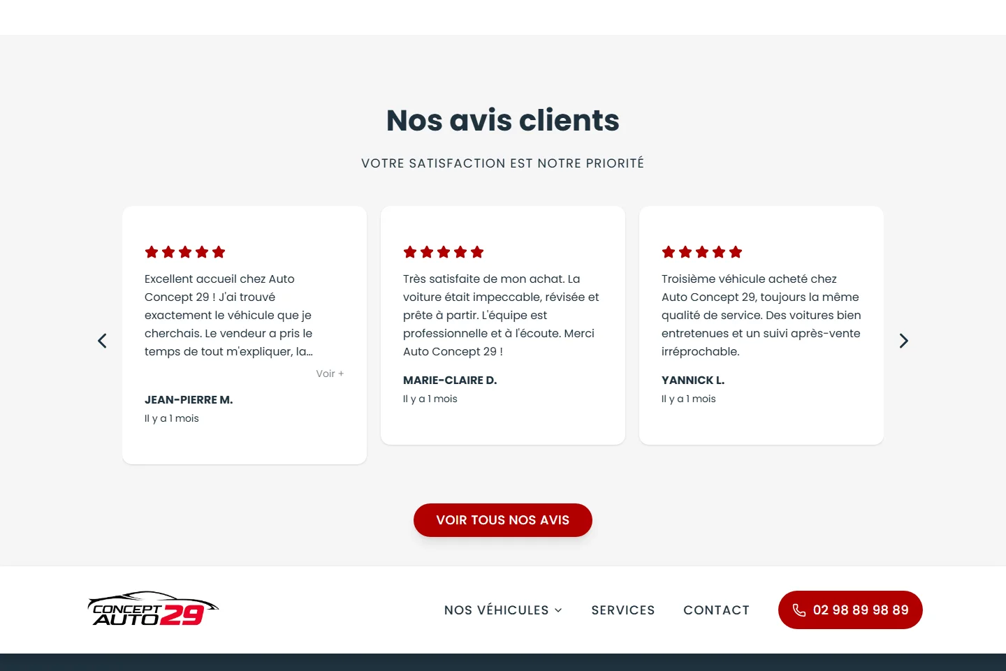 Section avis clients avec étoiles et carrousel