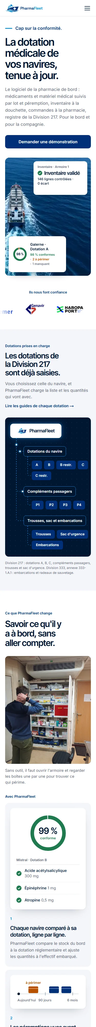 PharmaFleet - Site vitrine du logiciel de dotation médicale des navires - Pharmafleet Site Mobile Accueil