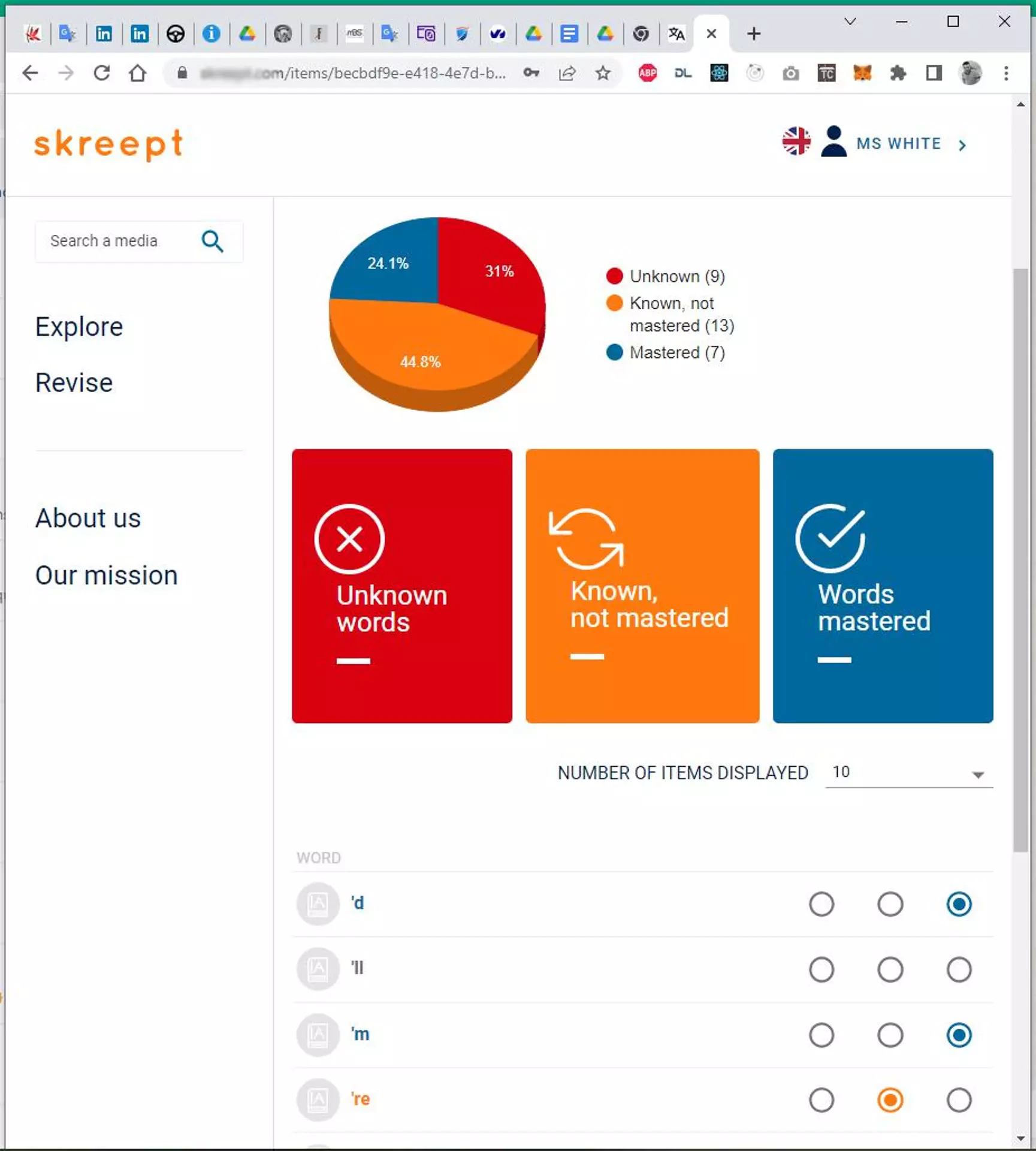 Skreept - Plateforme d'apprentissage des langues - Skreept Suivi Vocabulaire Statistiques