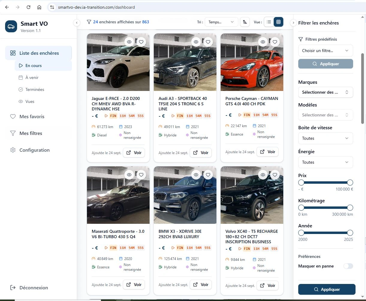 Smart-VO - Agrégateur d'enchères automobiles - Smart Vo Liste Encheres Grille