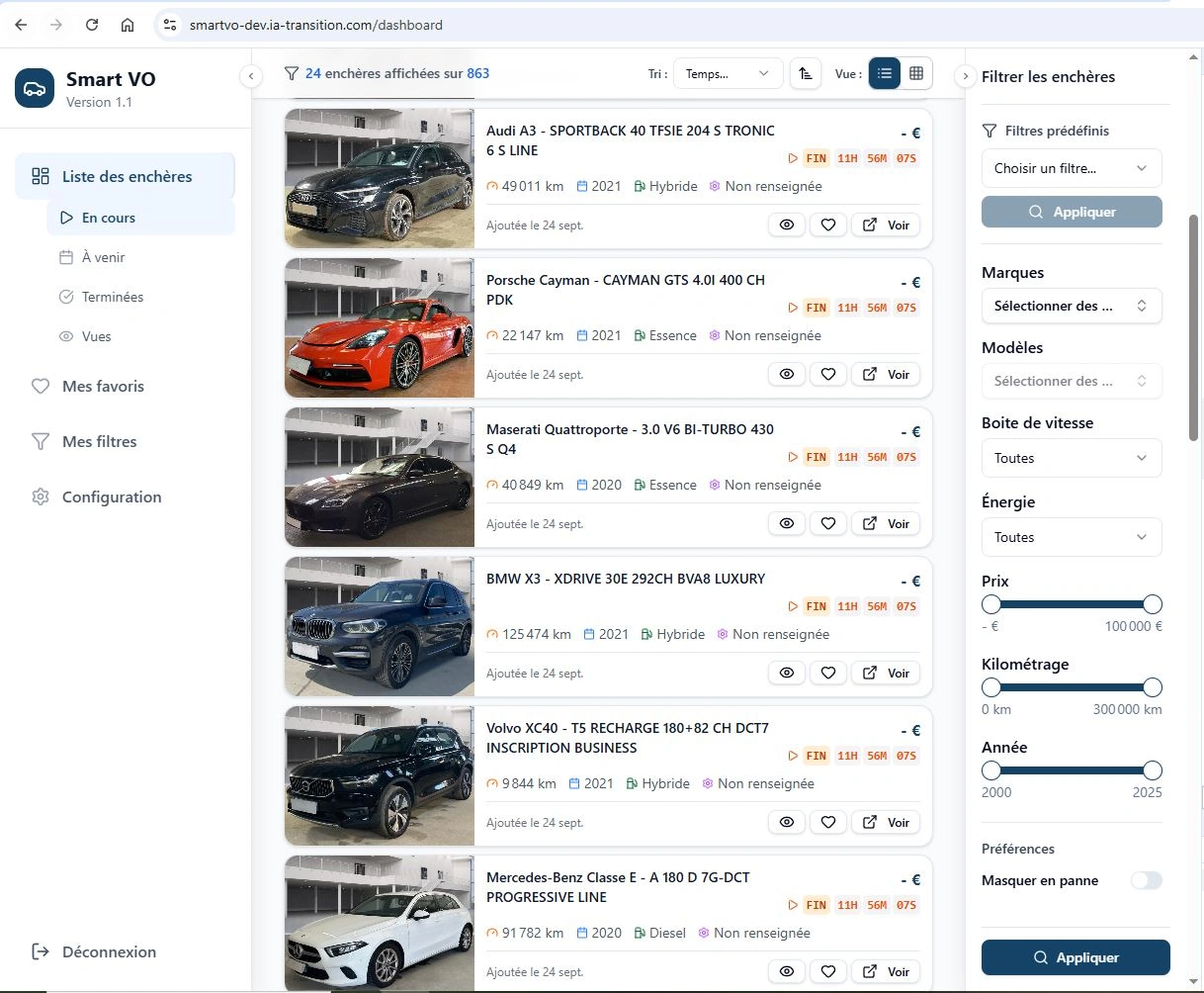 Smart-VO - Agrégateur d'enchères automobiles - Smart Vo Liste Encheres