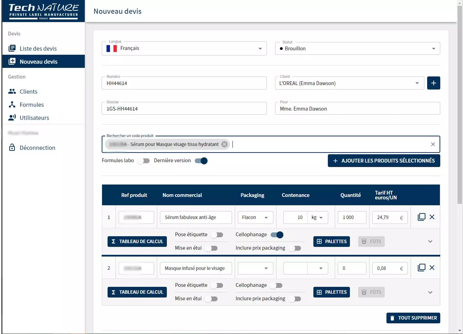 TechErp - ERP de gestion de devis cosmétiques - Techerp Creation Devis Produits