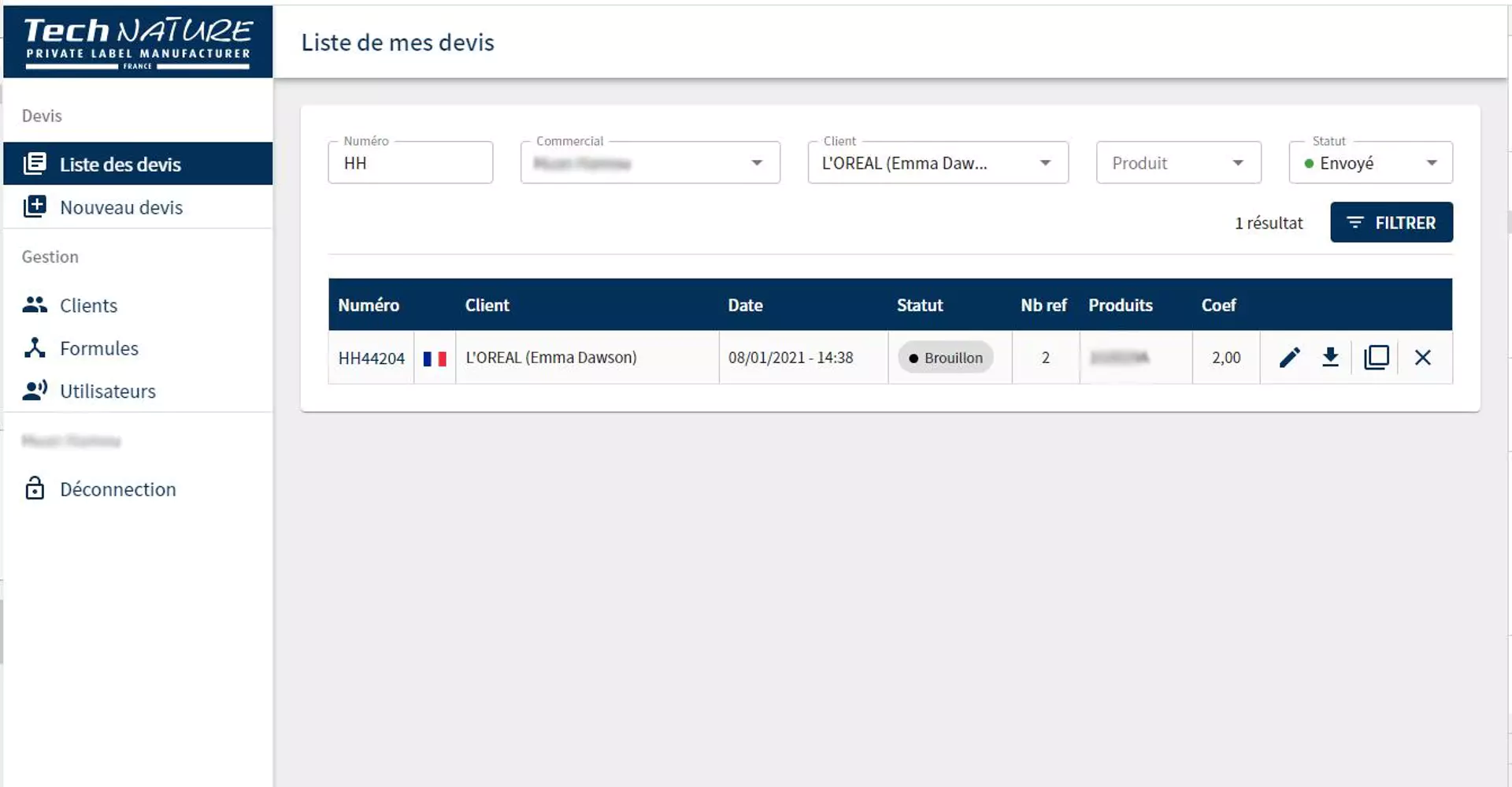 TechErp - ERP de gestion de devis cosmétiques - Techerp Liste Devis Filtres